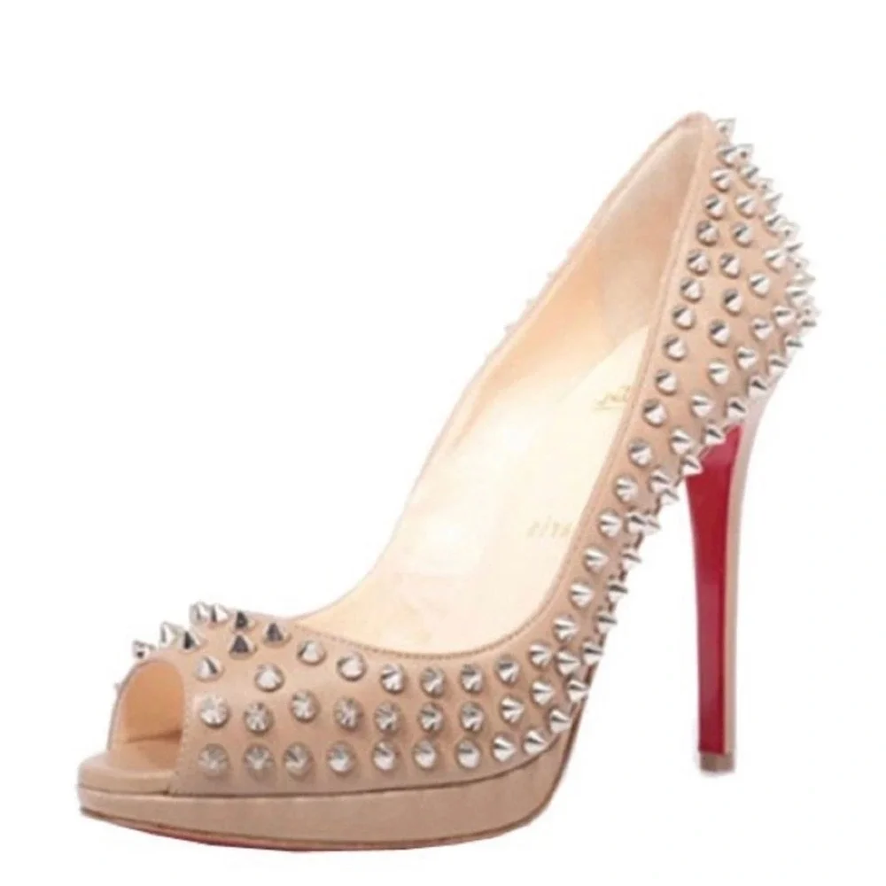 Christian Louboutin Alti Spikes 160 Nude Leather Peep Toe Platform Pumps 38